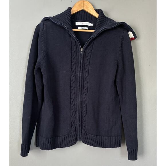 Y2K Tommy Hilfiger Navy Cable Knit Zip Cotton Sweater Preppy Academia Size L - Picture 7 of 15